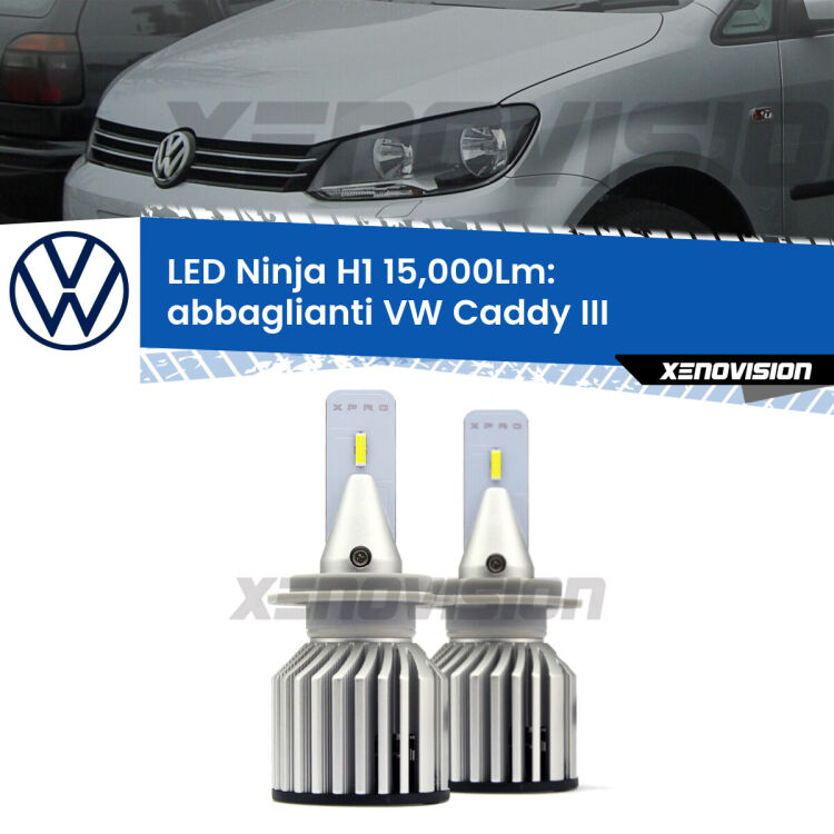 <strong>Kit abbaglianti LED specifico per VW Caddy III</strong>  2004-2010 senza DRL. Lampade <strong>H1</strong> Canbus da 15.000Lumen di luminosità modello Ninja Xenovision.