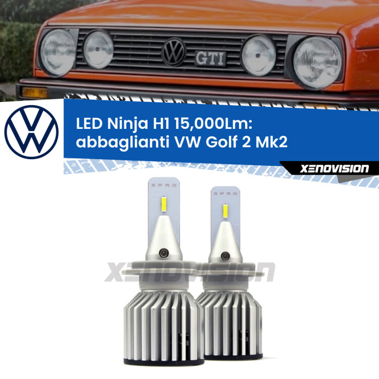 <strong>Kit abbaglianti LED specifico per VW Golf 2</strong> Mk2 a parabola doppia. Lampade <strong>H1</strong> Canbus da 15.000Lumen di luminosità modello Ninja Xenovision.