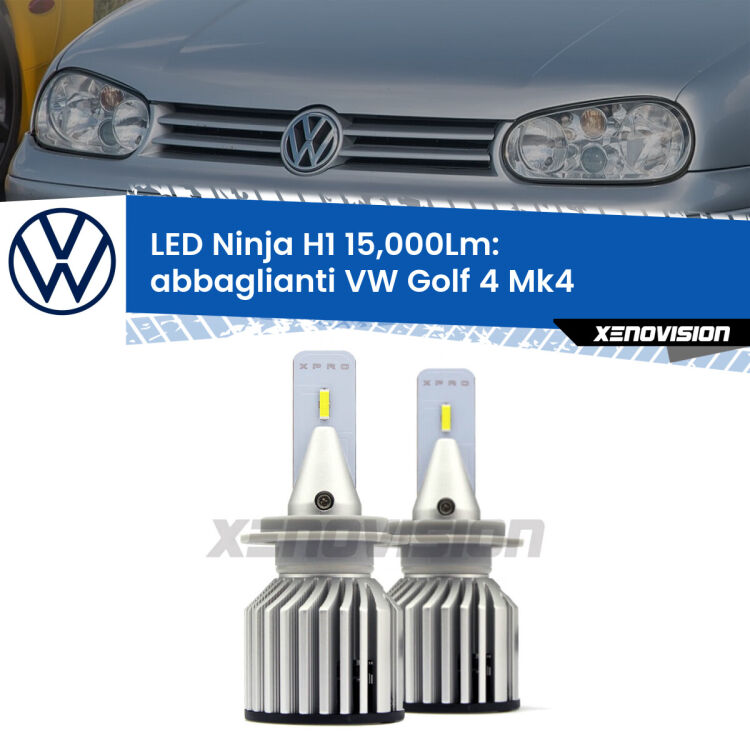 <strong>Kit abbaglianti LED specifico per VW Golf 4</strong> Mk4 1997-2005. Lampade <strong>H1</strong> Canbus da 15.000Lumen di luminosità modello Ninja Xenovision.