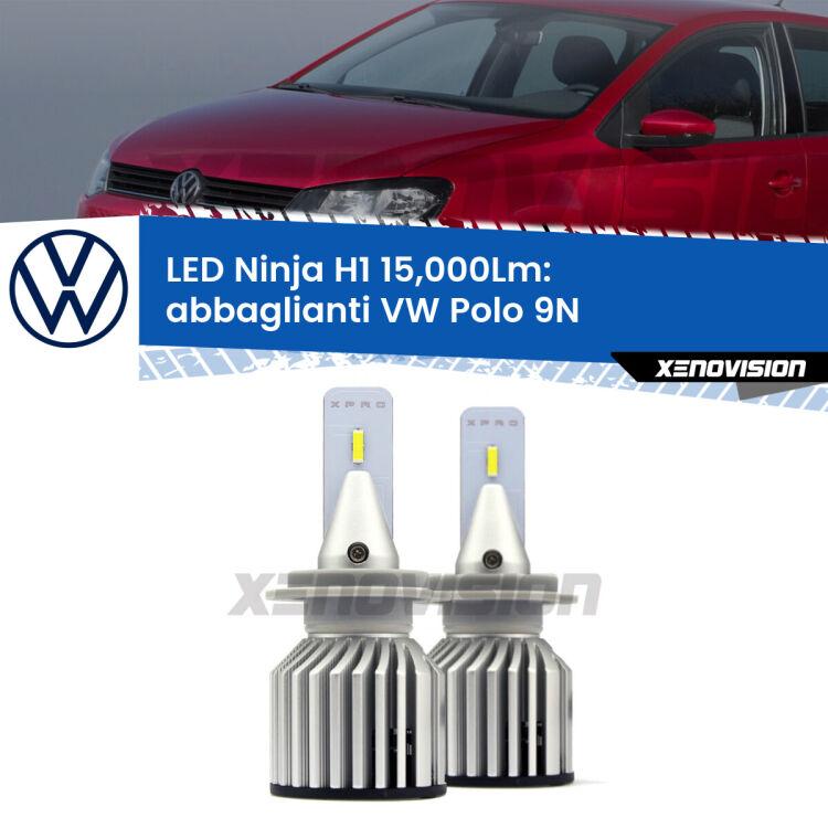 <strong>Kit abbaglianti LED specifico per VW Polo</strong> 9N 2002-2008. Lampade <strong>H1</strong> Canbus da 15.000Lumen di luminosità modello Ninja Xenovision.