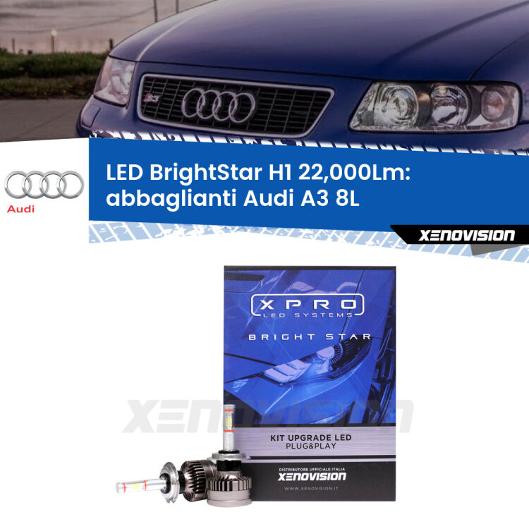 <strong>Kit LED abbaglianti per Audi A3</strong> 8L 1996-2000. </strong>Due lampade Canbus H1 Brightstar da 22,000 Lumen. Qualità Massima.