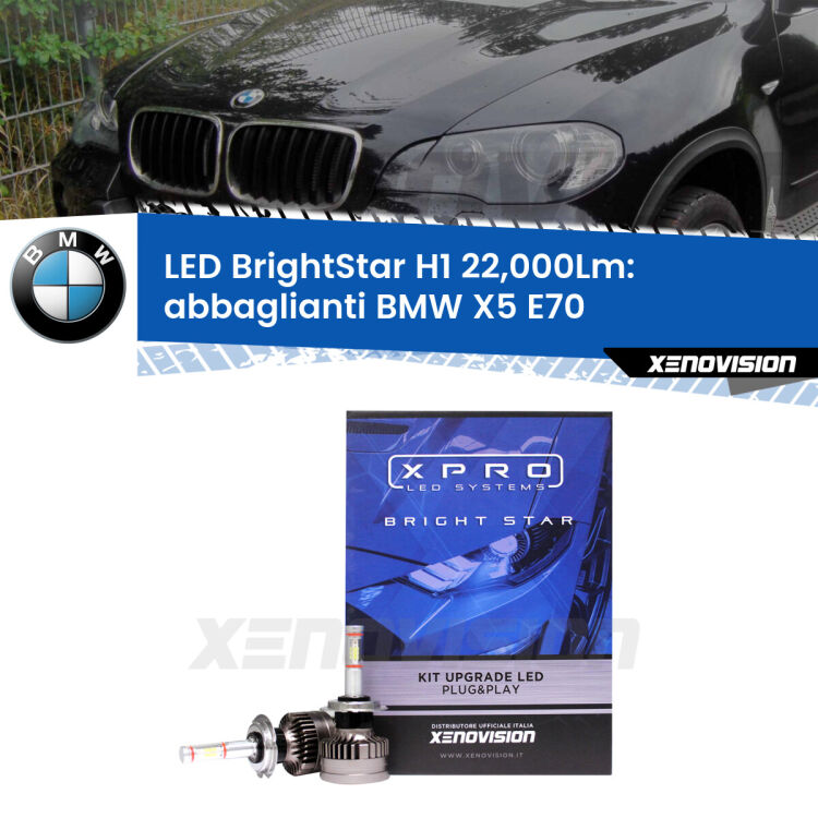 <strong>Kit LED abbaglianti per BMW X5</strong> E70 2006-2013. </strong>Due lampade Canbus H1 Brightstar da 22,000 Lumen. Qualità Massima.