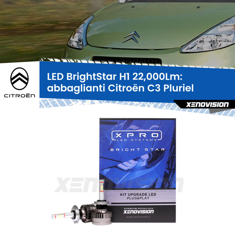 Abbaglianti LED H1 22,000Lm per Citroën C3 Pluriel 2003 -2010 <strong>Kit LED abbaglianti per Citroën C3 Pluriel</strong> 2003 -2010. </strong>Due lampade Canbus H1 Brightstar da 22,000 Lumen. Qualità Massima.