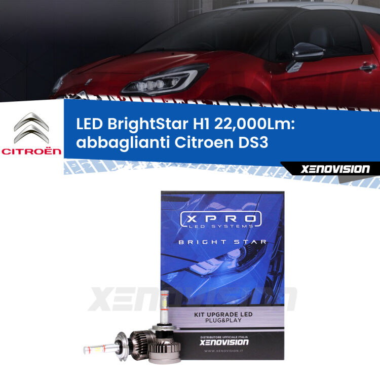 <strong>Kit LED abbaglianti per Citroen DS3</strong>  2009-2015. </strong>Due lampade Canbus H1 Brightstar da 22,000 Lumen. Qualità Massima.