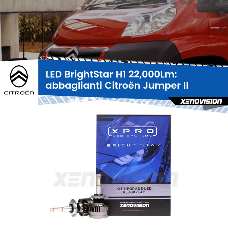 Abbaglianti LED H1 22,000Lm per Citroën Jumper II 2002 in poi <strong>Kit LED abbaglianti per Citroën Jumper</strong> II 2002 in poi. </strong>Due lampade Canbus H1 Brightstar da 22,000 Lumen. Qualità Massima.