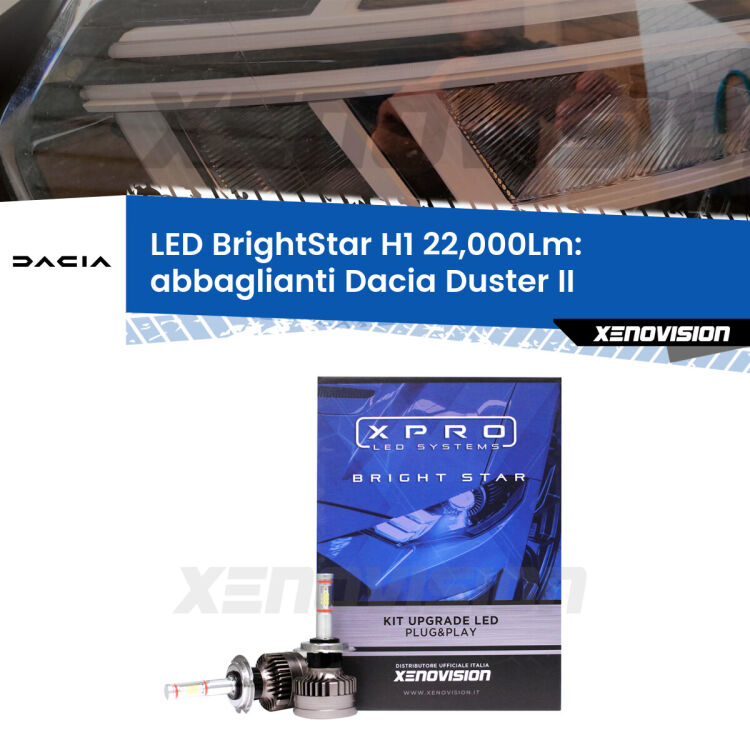 Abbaglianti LED H1 22,000Lm per Dacia Duster II restyling <strong>Kit LED abbaglianti per Dacia Duster</strong> II restyling. </strong>Due lampade Canbus H1 Brightstar da 22,000 Lumen. Qualità Massima.