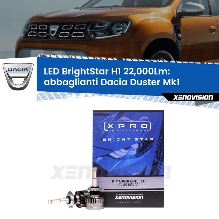 <strong>Kit LED abbaglianti per Dacia Duster</strong> Mk1 2010-2016. </strong>Due lampade Canbus H1 Brightstar da 22,000 Lumen. Qualità Massima.