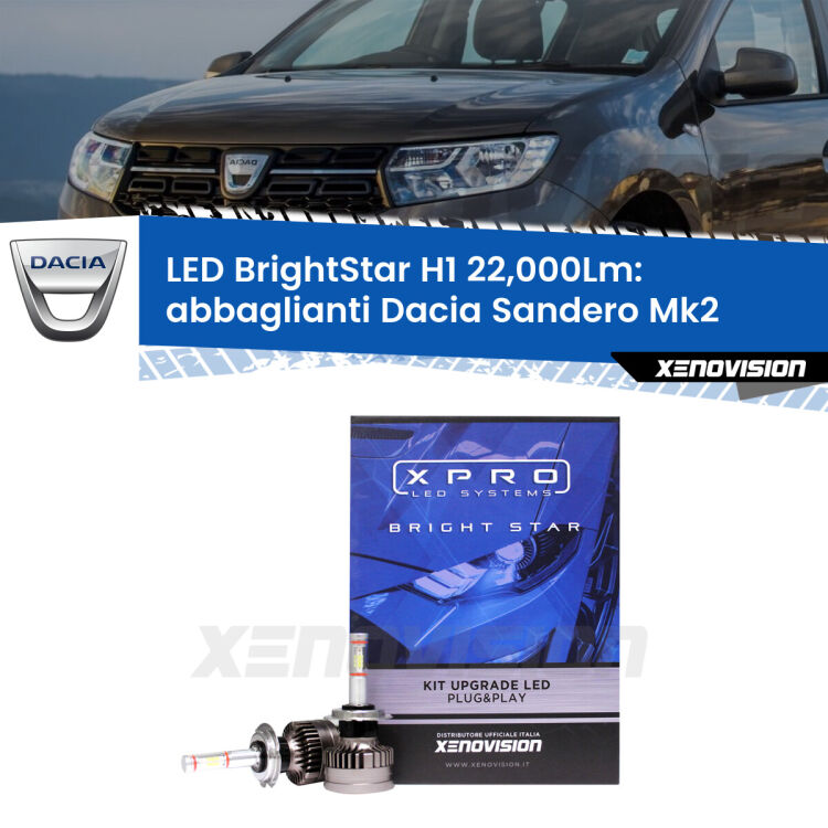 <strong>Kit LED abbaglianti per Dacia Sandero</strong> Mk2 a parabola doppia. </strong>Due lampade Canbus H1 Brightstar da 22,000 Lumen. Qualità Massima.