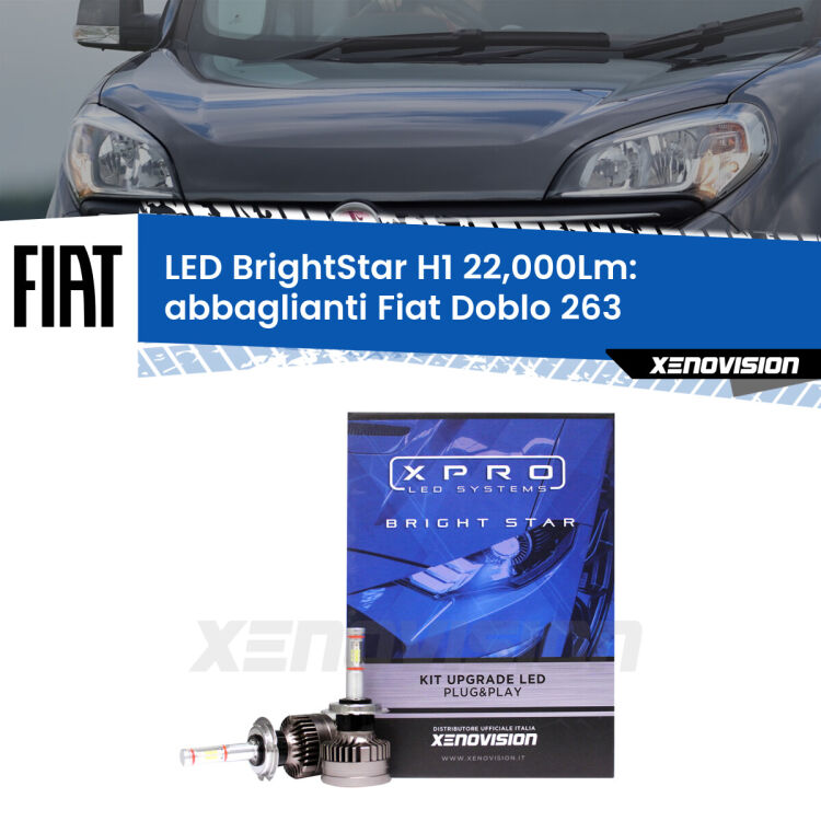 Abbaglianti LED H1 22,000Lm per Fiat Doblo 263 2010 -2014 <strong>Kit LED abbaglianti per Fiat Doblo</strong> 263 2010 -2014. </strong>Due lampade Canbus H1 Brightstar da 22,000 Lumen. Qualità Massima.