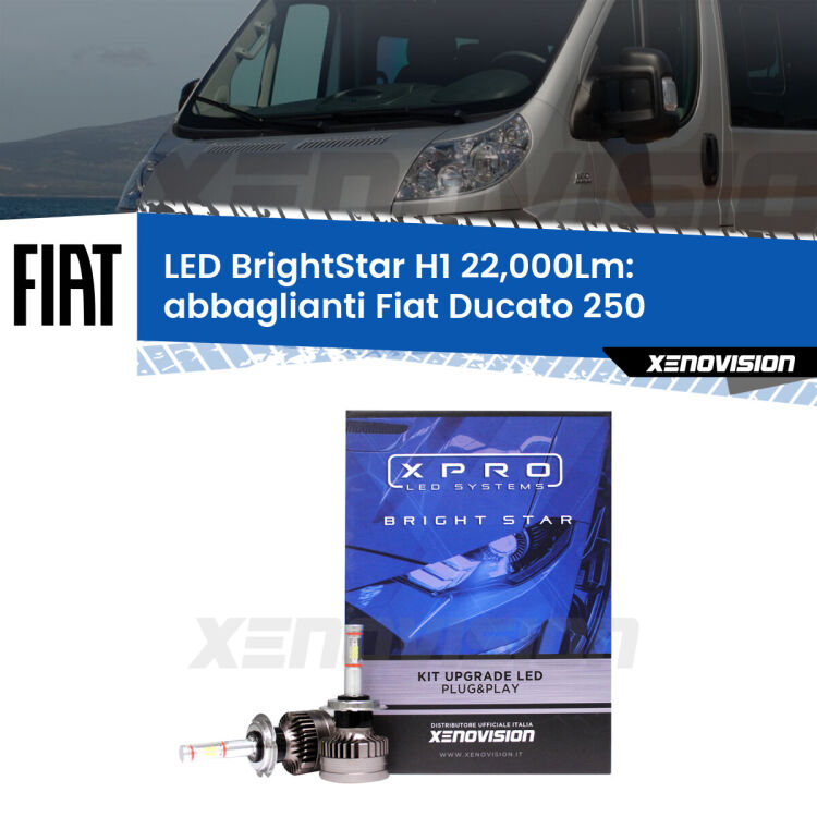 Abbaglianti LED H1 22,000Lm per Fiat Ducato 250 senza luci diurne <strong>Kit LED abbaglianti per Fiat Ducato</strong> 250 senza luci diurne. </strong>Due lampade Canbus H1 Brightstar da 22,000 Lumen. Qualità Massima.
