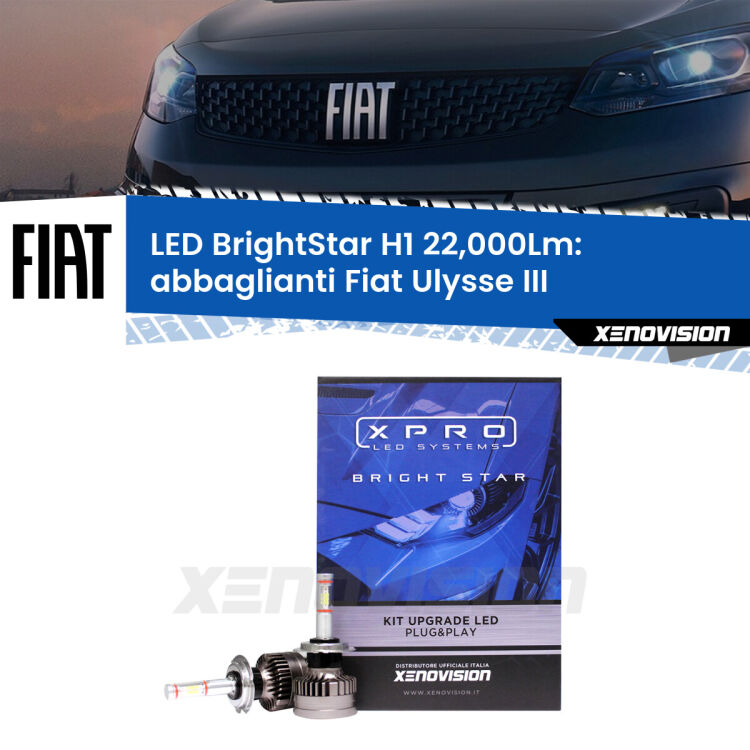 Abbaglianti LED H1 22,000Lm per Fiat Ulysse III 2022 in poi <strong>Kit LED abbaglianti per Fiat Ulysse</strong> III 2022 in poi. </strong>Due lampade Canbus H1 Brightstar da 22,000 Lumen. Qualità Massima.