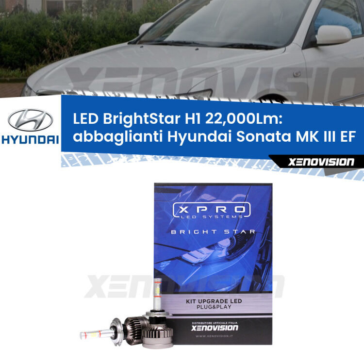 Abbaglianti LED H1 22,000Lm per Hyundai Sonata MK III EF 2002 -2004 <strong>Kit LED abbaglianti per Hyundai Sonata MK III</strong> EF 2002 -2004. </strong>Due lampade Canbus H1 Brightstar da 22,000 Lumen. Qualità Massima.