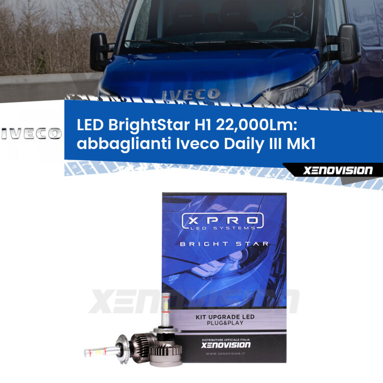 Abbaglianti LED H1 22,000Lm per Iveco Daily III Mk1 2014 -2016 <strong>Kit LED abbaglianti per Iveco Daily III</strong> Mk1 2014 -2016. </strong>Due lampade Canbus H1 Brightstar da 22,000 Lumen. Qualità Massima.