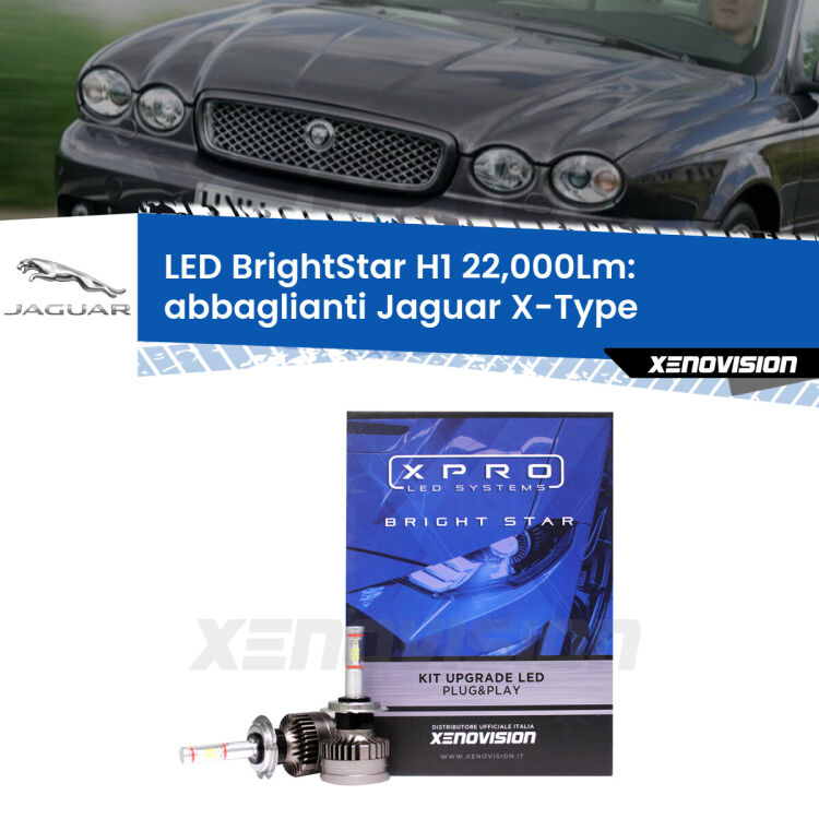 0 Abbaglianti LED H1 22,000Lm per Jaguar X-Type 2001 -2009 <strong>Kit LED abbaglianti per Jaguar X-Type</strong> 2001 -2009. </strong>Due lampade Canbus H1 Brightstar da 22,000 Lumen. Qualità Massima.