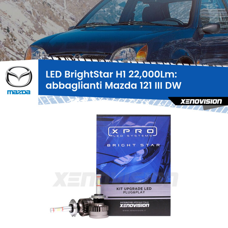 <strong>Kit LED abbaglianti per Mazda 121 III</strong> DW 1996-1999. </strong>Due lampade Canbus H1 Brightstar da 22,000 Lumen. Qualità Massima.