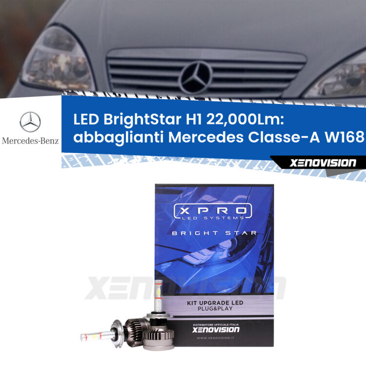 <strong>Kit LED abbaglianti per Mercedes Classe-A</strong> W168 1997-2004. </strong>Due lampade Canbus H1 Brightstar da 22,000 Lumen. Qualità Massima.