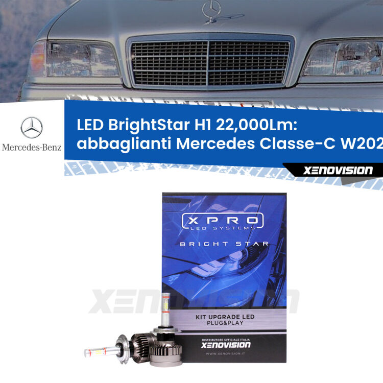 Abbaglianti LED H1 22,000Lm per Mercedes Classe-C W202 1993 -2000 <strong>Kit LED abbaglianti per Mercedes Classe-C</strong> W202 1993 -2000. </strong>Due lampade Canbus H1 Brightstar da 22,000 Lumen. Qualità Massima.