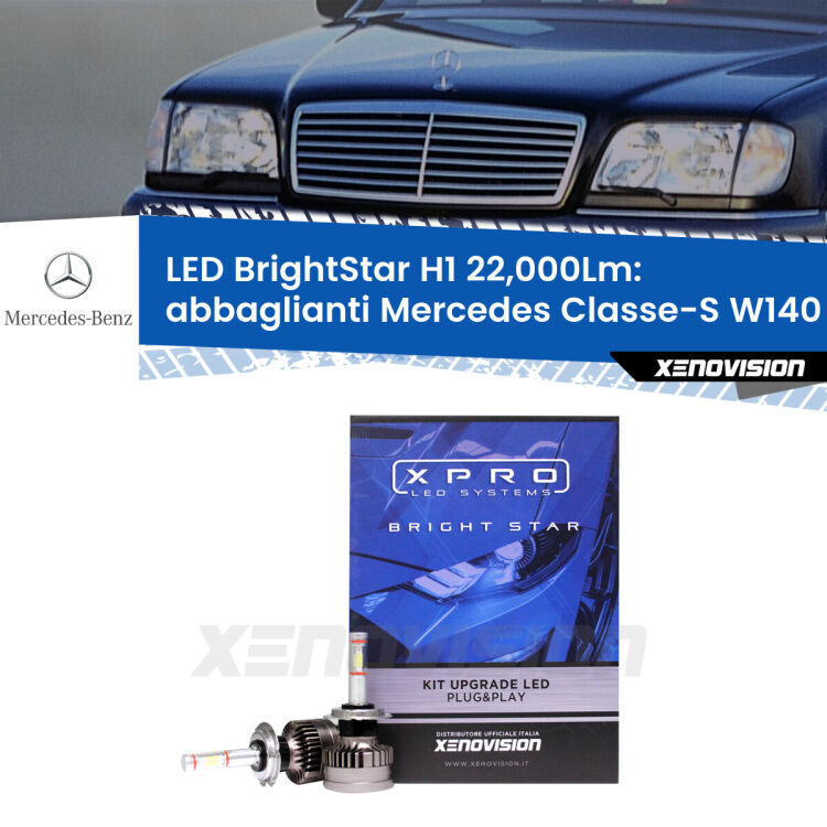 Abbaglianti LED H1 22,000Lm per Mercedes Classe-S W140 1991 -1998 <strong>Kit LED abbaglianti per Mercedes Classe-S</strong> W140 1991 -1998. </strong>Due lampade Canbus H1 Brightstar da 22,000 Lumen. Qualità Massima.