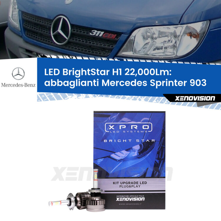 Abbaglianti LED H1 22,000Lm per Mercedes Sprinter 903 1995 -2002 <strong>Kit LED abbaglianti per Mercedes Sprinter</strong> 903 1995 -2002. </strong>Due lampade Canbus H1 Brightstar da 22,000 Lumen. Qualità Massima.