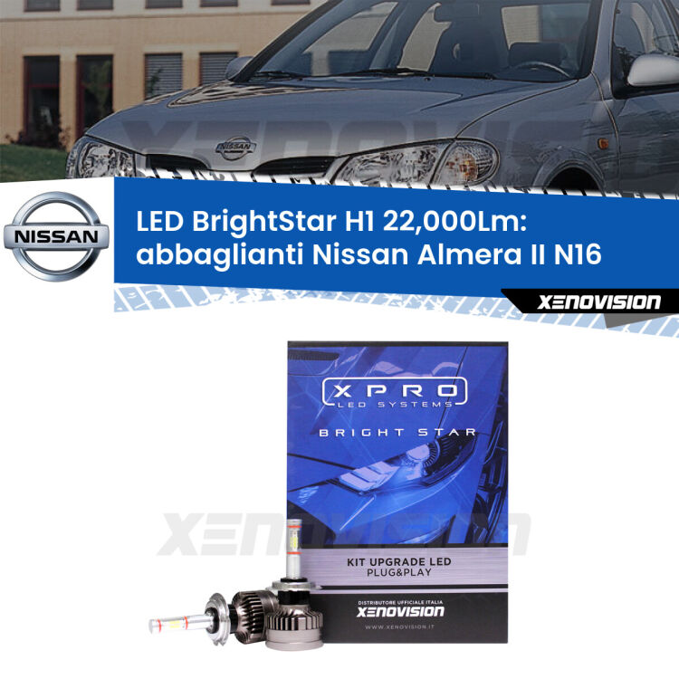<strong>Kit LED abbaglianti per Nissan Almera II</strong> N16 2000-2002. </strong>Due lampade Canbus H1 Brightstar da 22,000 Lumen. Qualità Massima.