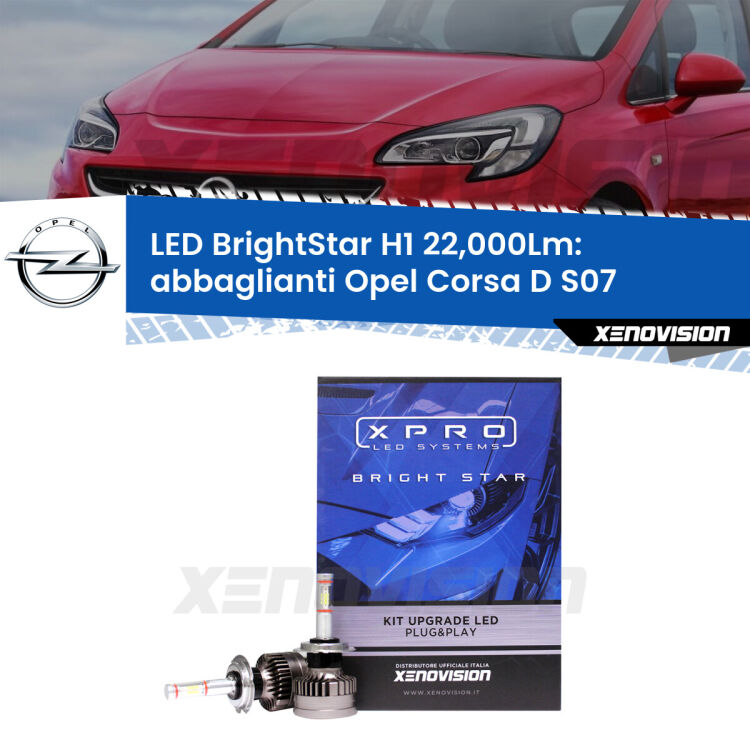 Abbaglianti LED H1 22,000Lm per Opel Corsa D S07 senza luci svolta <strong>Kit LED abbaglianti per Opel Corsa D</strong> S07 senza luci svolta. </strong>Due lampade Canbus H1 Brightstar da 22,000 Lumen. Qualità Massima.