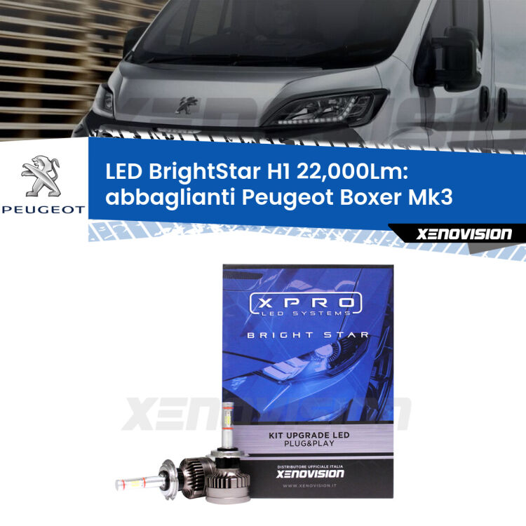 Abbaglianti LED H1 22,000Lm per Peugeot Boxer Mk3 2006 -2014 <strong>Kit LED abbaglianti per Peugeot Boxer</strong> Mk3 2006 -2014. </strong>Due lampade Canbus H1 Brightstar da 22,000 Lumen. Qualità Massima.