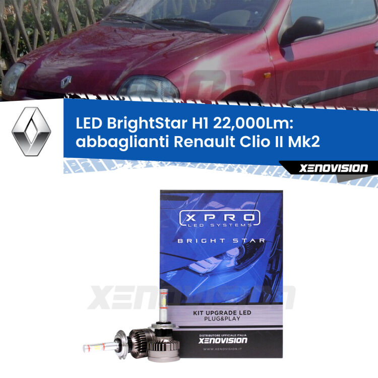 <strong>Kit LED abbaglianti per Renault Clio II</strong> Mk2 a parabola doppia. </strong>Due lampade Canbus H1 Brightstar da 22,000 Lumen. Qualità Massima.