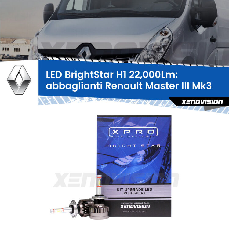 Abbaglianti LED H1 22,000Lm per Renault Master III Mk3 2010 in poi <strong>Kit LED abbaglianti per Renault Master III</strong> Mk3 2010 in poi. </strong>Due lampade Canbus H1 Brightstar da 22,000 Lumen. Qualità Massima.