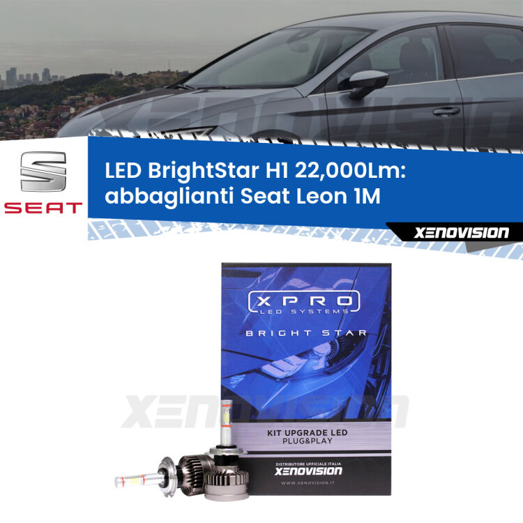 <strong>Kit LED abbaglianti per Seat Leon</strong> 1M 1999-2006. </strong>Due lampade Canbus H1 Brightstar da 22,000 Lumen. Qualità Massima.