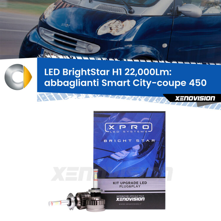 Abbaglianti LED H1 22,000Lm per Smart City-coupe 450 restyling <strong>Kit LED abbaglianti per Smart City-coupe</strong> 450 restyling. </strong>Due lampade Canbus H1 Brightstar da 22,000 Lumen. Qualità Massima.