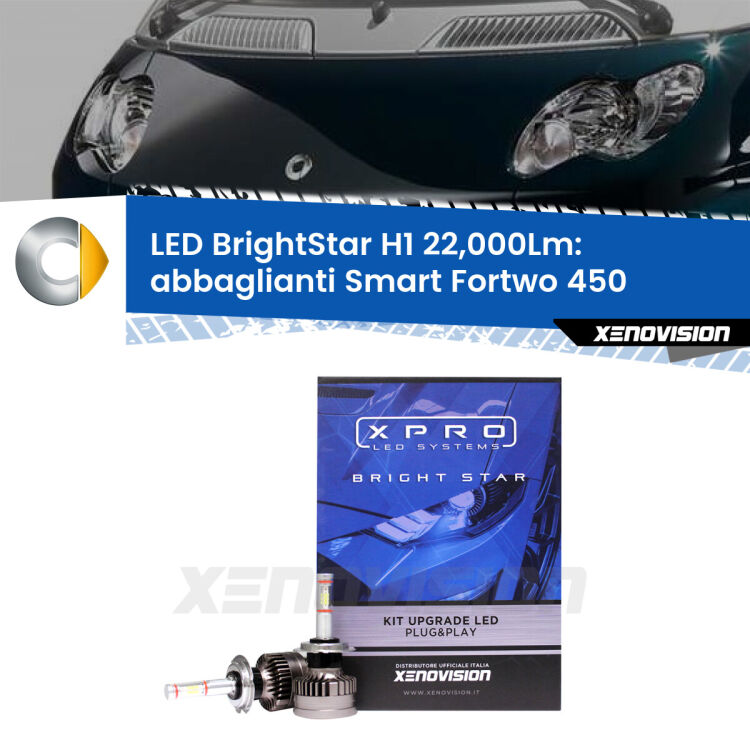 Abbaglianti LED H1 22,000Lm per Smart Fortwo 450 2004 -2007 <strong>Kit LED abbaglianti per Smart Fortwo</strong> 450 2004 -2007. </strong>Due lampade Canbus H1 Brightstar da 22,000 Lumen. Qualità Massima.