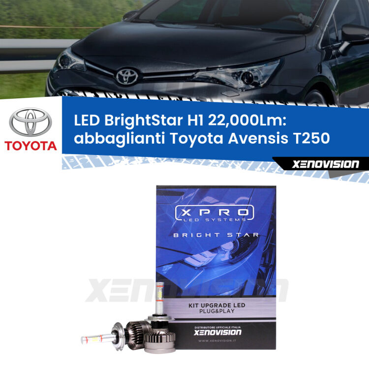 Abbaglianti LED H1 22,000Lm per Toyota Avensis T250 2003 -2008 <strong>Kit LED abbaglianti per Toyota Avensis</strong> T250 2003 -2008. </strong>Due lampade Canbus H1 Brightstar da 22,000 Lumen. Qualità Massima.