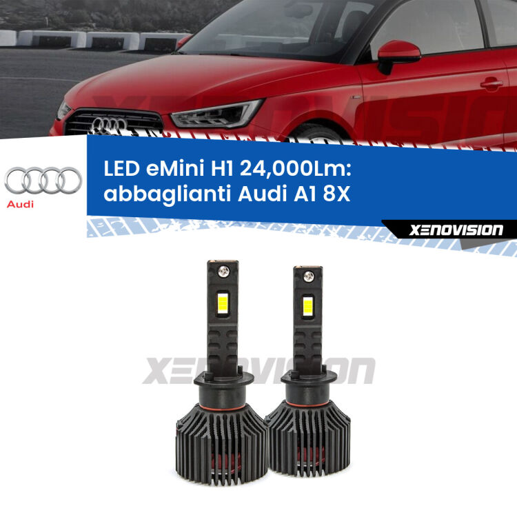 <strong>Kit abbaglianti LED specifico per Audi A1</strong> 8X 2010-2014. Lampade <strong>H1</strong> Canbus e compatte 24.000Lumen Eagle Mini Xenovision.