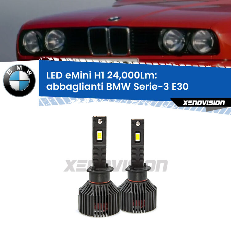 <strong>Kit abbaglianti LED specifico per BMW Serie-3</strong> E30 1982-1992. Lampade <strong>H1</strong> Canbus e compatte 24.000Lumen Eagle Mini Xenovision.