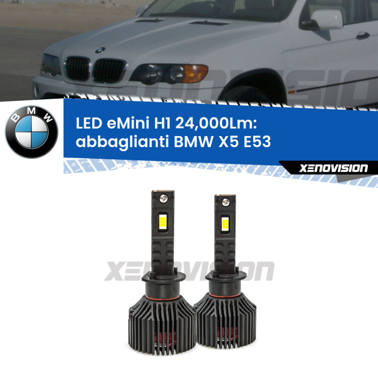 <strong>Kit abbaglianti LED specifico per BMW X5</strong> E53 2003-2005. Lampade <strong>H1</strong> Canbus e compatte 24.000Lumen Eagle Mini Xenovision.