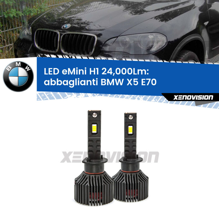 <strong>Kit abbaglianti LED specifico per BMW X5</strong> E70 2006-2013. Lampade <strong>H1</strong> Canbus e compatte 24.000Lumen Eagle Mini Xenovision.