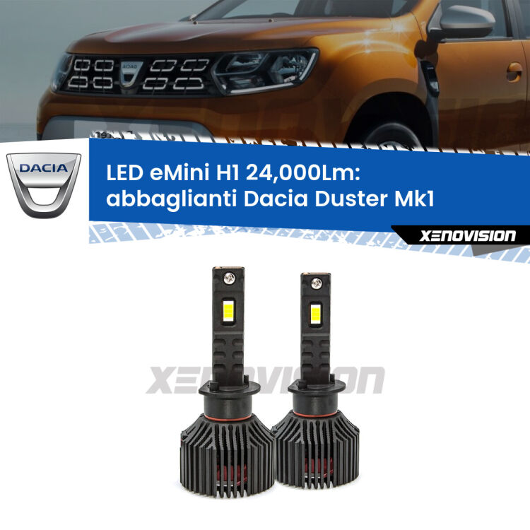 <strong>Kit abbaglianti LED specifico per Dacia Duster</strong> Mk1 2010-2016. Lampade <strong>H1</strong> Canbus e compatte 24.000Lumen Eagle Mini Xenovision.