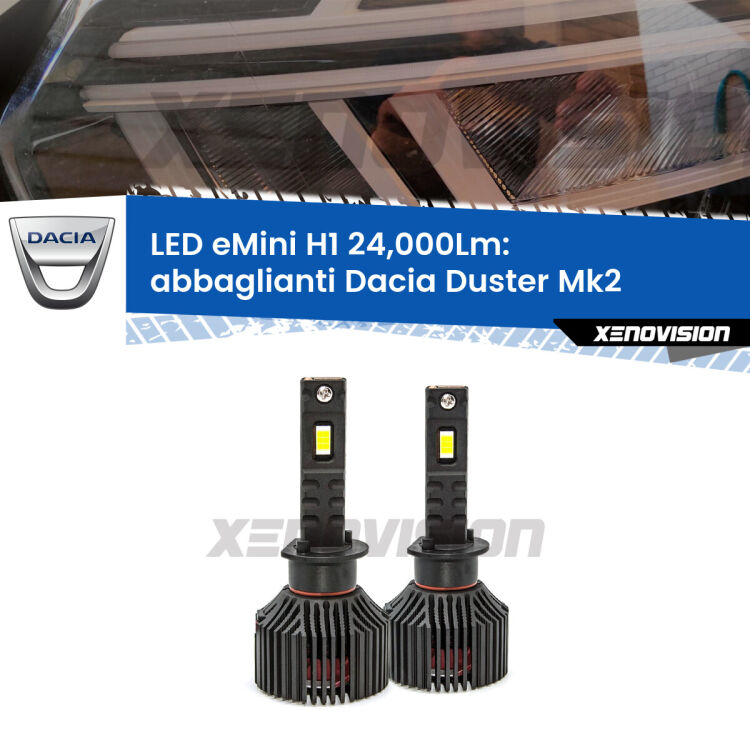 <strong>Kit abbaglianti LED specifico per Dacia Duster</strong> Mk2 restyling. Lampade <strong>H1</strong> Canbus e compatte 24.000Lumen Eagle Mini Xenovision.