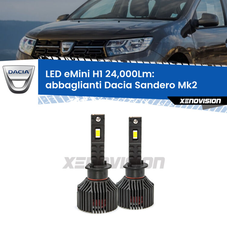<strong>Kit abbaglianti LED specifico per Dacia Sandero</strong> Mk2 a parabola doppia. Lampade <strong>H1</strong> Canbus e compatte 24.000Lumen Eagle Mini Xenovision.
