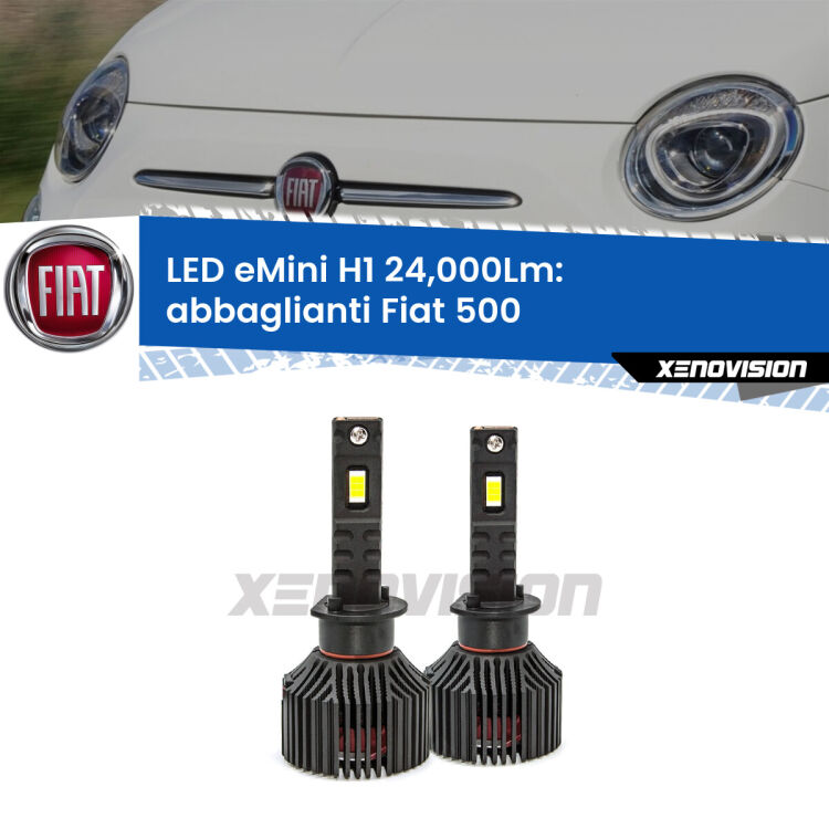 <strong>Kit abbaglianti LED specifico per Fiat 500</strong>  2007-2014. Lampade <strong>H1</strong> Canbus e compatte 24.000Lumen Eagle Mini Xenovision.