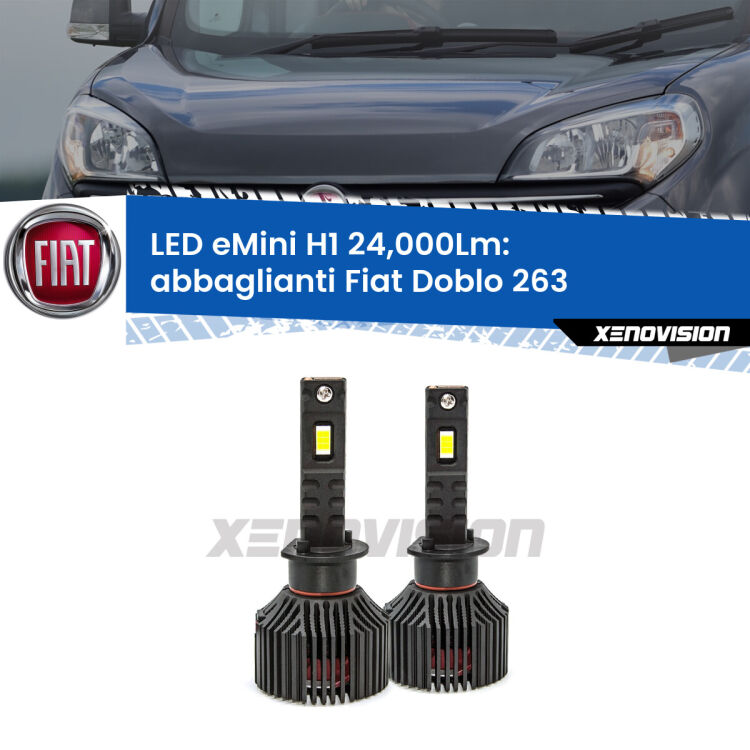 <strong>Kit abbaglianti LED specifico per Fiat Doblo</strong> 263 2010-2014. Lampade <strong>H1</strong> Canbus e compatte 24.000Lumen Eagle Mini Xenovision.