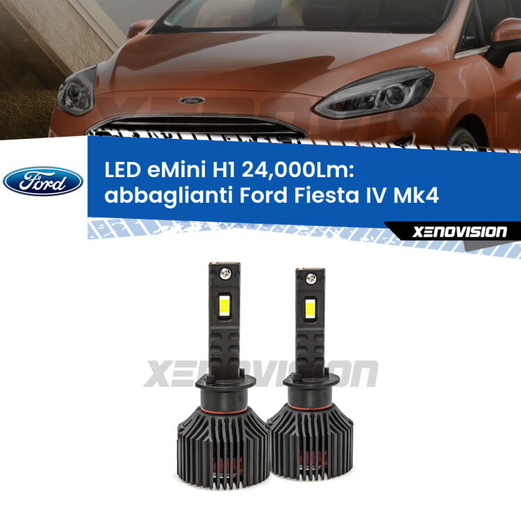 <strong>Kit abbaglianti LED specifico per Ford Fiesta IV</strong> Mk4 1995-1999. Lampade <strong>H1</strong> Canbus e compatte 24.000Lumen Eagle Mini Xenovision.