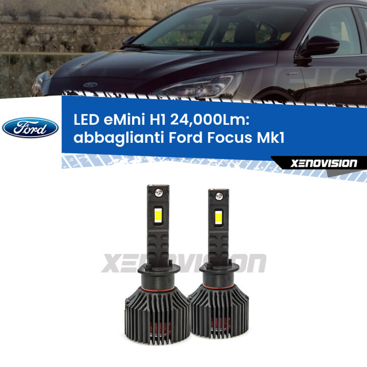 <strong>Kit abbaglianti LED specifico per Ford Focus</strong> Mk1 a parabola doppia. Lampade <strong>H1</strong> Canbus e compatte 24.000Lumen Eagle Mini Xenovision.