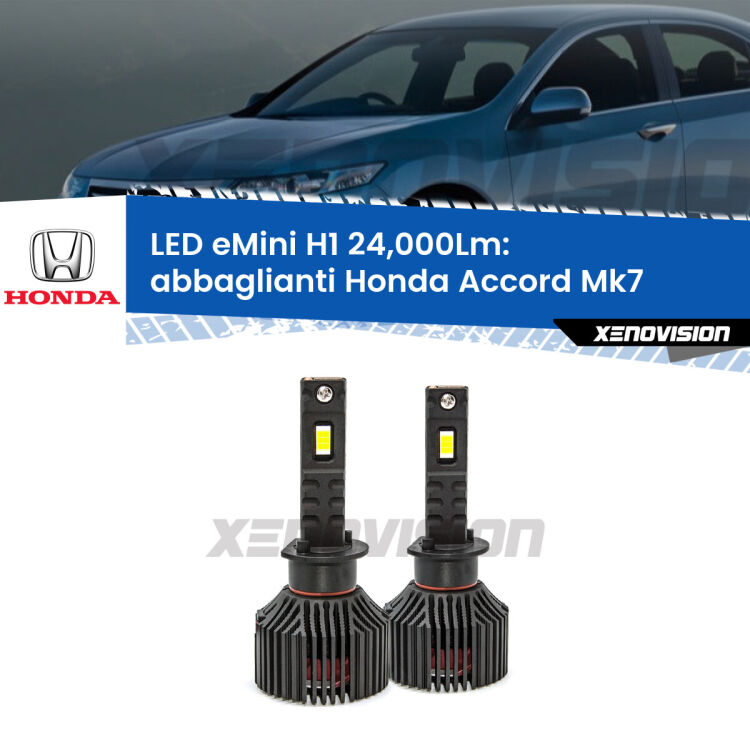 <strong>Kit abbaglianti LED specifico per Honda Accord</strong> Mk7 2002-2007. Lampade <strong>H1</strong> Canbus e compatte 24.000Lumen Eagle Mini Xenovision.