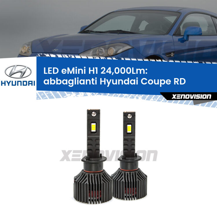 <strong>Kit abbaglianti LED specifico per Hyundai Coupe</strong> RD 1996-2002. Lampade <strong>H1</strong> Canbus e compatte 24.000Lumen Eagle Mini Xenovision.