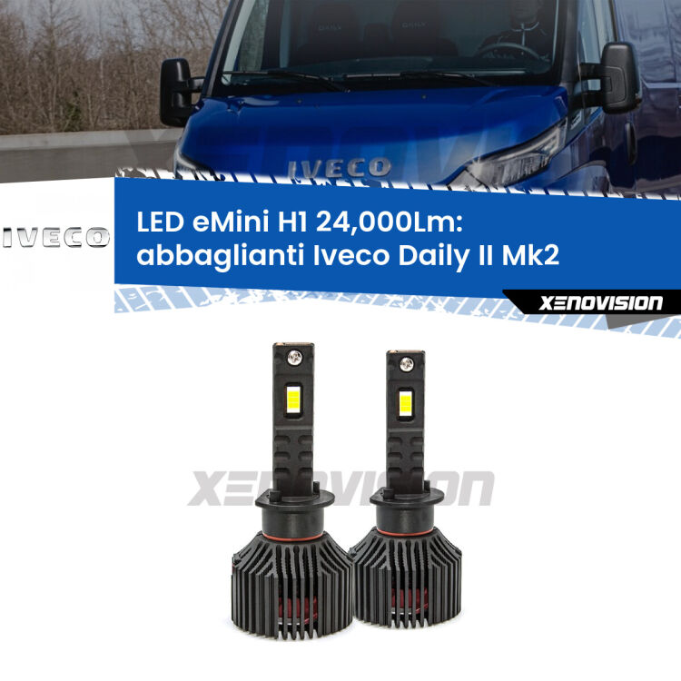 <strong>Kit abbaglianti LED specifico per Iveco Daily II</strong> Mk2 2006-2011. Lampade <strong>H1</strong> Canbus e compatte 24.000Lumen Eagle Mini Xenovision.