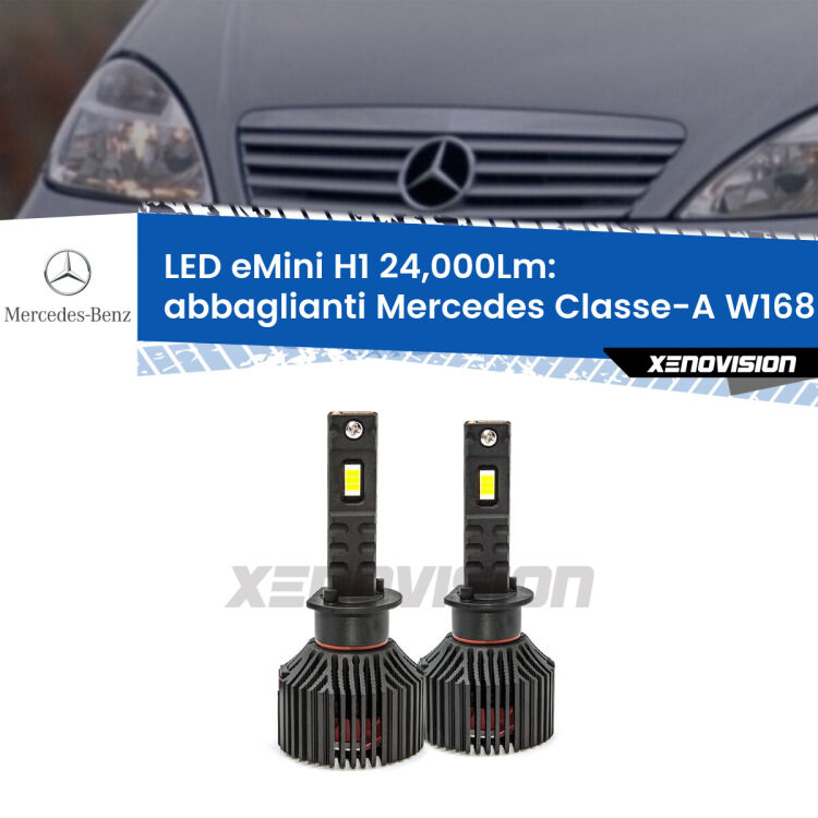 <strong>Kit abbaglianti LED specifico per Mercedes Classe-A</strong> W168 1997-2004. Lampade <strong>H1</strong> Canbus e compatte 24.000Lumen Eagle Mini Xenovision.