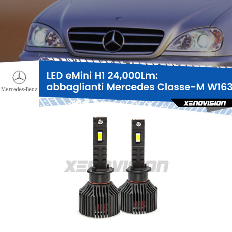 <strong>Kit abbaglianti LED specifico per Mercedes Classe-M</strong> W163 1998-2000. Lampade <strong>H1</strong> Canbus e compatte 24.000Lumen Eagle Mini Xenovision.