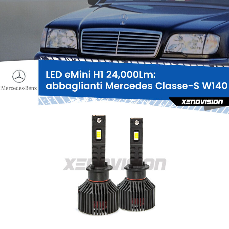 <strong>Kit abbaglianti LED specifico per Mercedes Classe-S</strong> W140 1991-1998. Lampade <strong>H1</strong> Canbus e compatte 24.000Lumen Eagle Mini Xenovision.