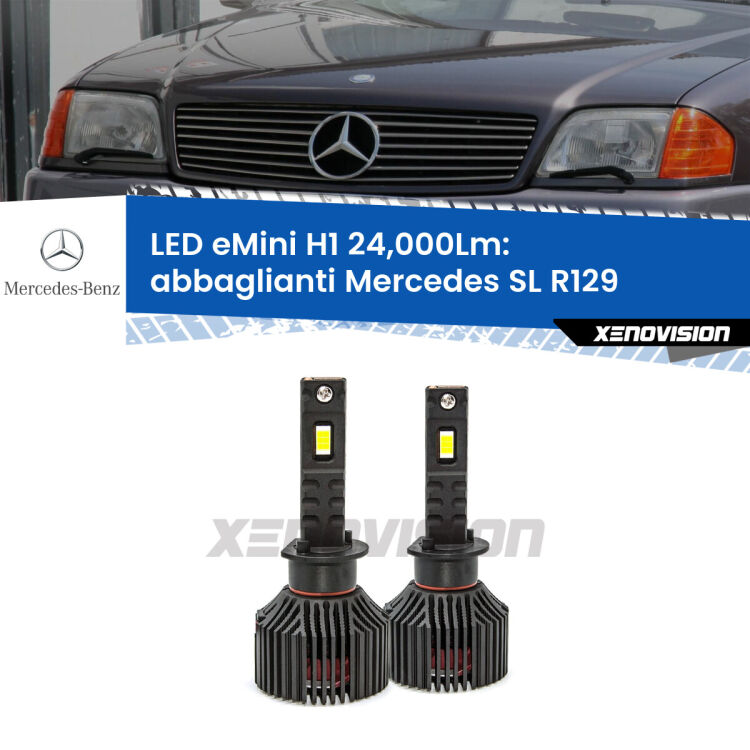 <strong>Kit abbaglianti LED specifico per Mercedes SL</strong> R129 con fari Xenon. Lampade <strong>H1</strong> Canbus e compatte 24.000Lumen Eagle Mini Xenovision.